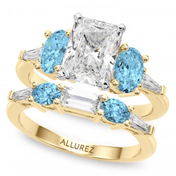 Radiant Lab Grown Diamond & Oval Blue Topaz Bridal Set 14K Yellow Gold (4.97ct)