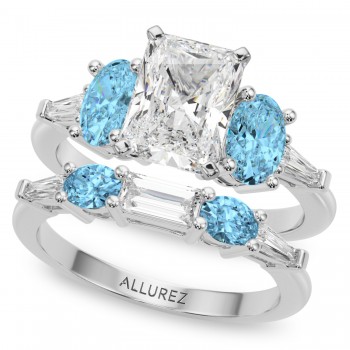Radiant Lab Grown Diamond & Oval Blue Topaz Bridal Set in Platinum (4.97ct)