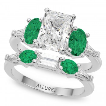 Radiant Lab Grown Diamond & Oval Emerald Bridal Set in Platinum (4.65ct)