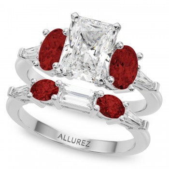 Radiant Lab Grown Diamond & Oval Garnet Bridal Set in Platinum (4.97ct)