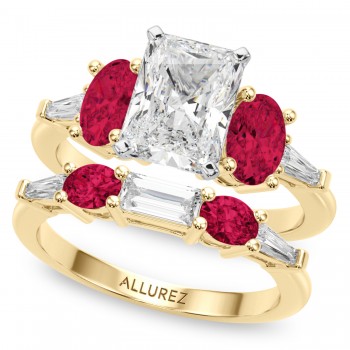 Radiant Lab Grown Diamond & Oval Ruby Bridal Set 14K Yellow Gold (5.09ct)