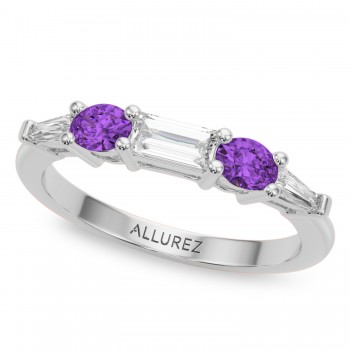 Baguette Lab Grown Diamond & Oval Amethyst Wedding Ring Band 18K White Gold (0.67ct)