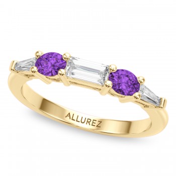Baguette Lab Grown Diamond & Oval Amethyst Wedding Ring Band 18K Yellow Gold (0.67ct)
