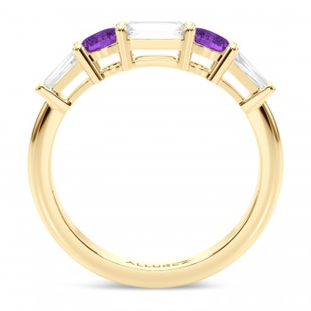 Baguette Lab Grown Diamond & Oval Amethyst Wedding Ring Band 18K Yellow Gold (0.67ct)