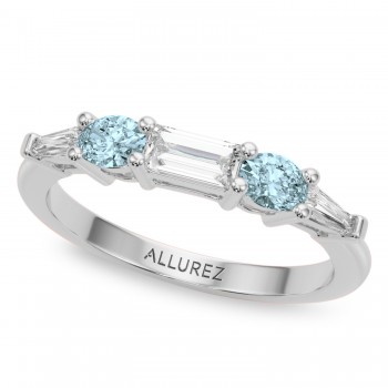 Baguette Lab Grown Diamond & Oval Aquamarine Wedding Ring Band 18K White Gold (0.67ct)