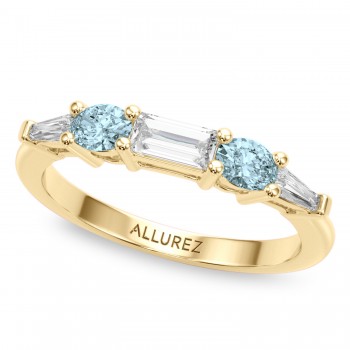 Baguette Lab Grown Diamond & Oval Aquamarine Wedding Ring Band 18K Yellow Gold (0.67ct)