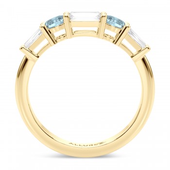 Baguette Lab Grown Diamond & Oval Aquamarine Wedding Ring Band 18K Yellow Gold (0.67ct)