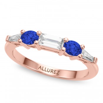 Baguette Lab Grown Diamond & Oval Blue Sapphire Wedding Ring Band 14K Rose Gold (0.85ct)