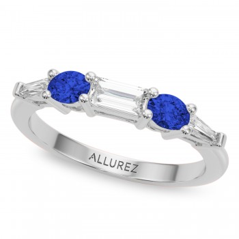 Baguette Lab Grown Diamond & Oval Blue Sapphire Wedding Ring Band 14K White Gold (0.85ct)