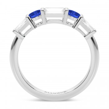 Baguette Lab Grown Diamond & Oval Blue Sapphire Wedding Ring Band 18K White Gold (0.85ct)