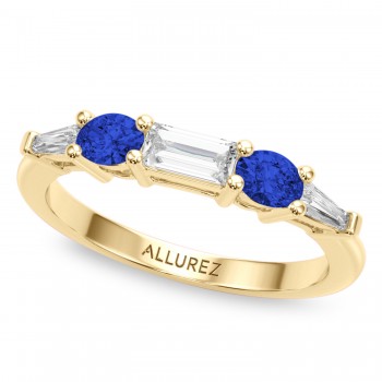 Baguette Lab Grown Diamond & Oval Blue Sapphire Wedding Ring Band 18K Yellow Gold (0.85ct)