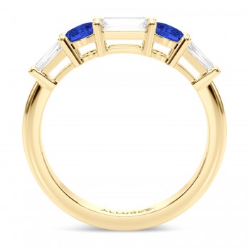 Baguette Lab Grown Diamond & Oval Blue Sapphire Wedding Ring Band 18K Yellow Gold (0.85ct)