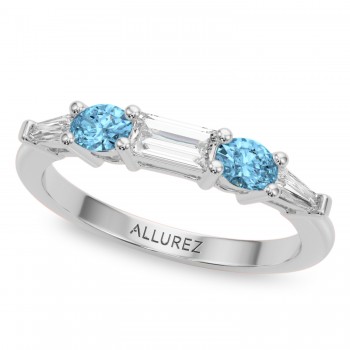 Baguette Lab Grown Diamond & Oval Blue Topaz Wedding Ring Band 14K White Gold (0.79ct)