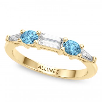 Baguette Lab Grown Diamond & Oval Blue Topaz Wedding Ring Band 14K Yellow Gold (0.79ct)