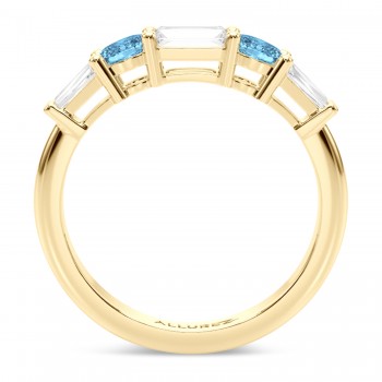 Baguette Lab Grown Diamond & Oval Blue Topaz Wedding Ring Band 14K Yellow Gold (0.79ct)