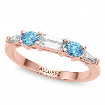 Baguette Lab Grown Diamond & Oval Blue Topaz Wedding Ring Band 18K Rose Gold (0.79ct)