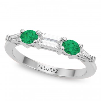 Baguette Lab Grown Diamond & Oval Emerald Wedding Ring Band 14K White Gold (0.67ct)