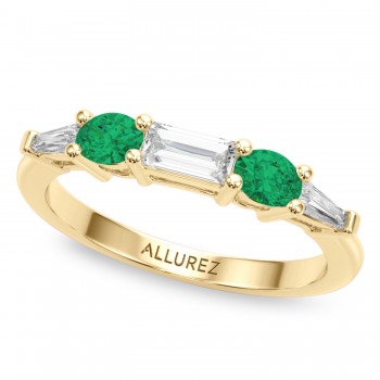 Baguette Lab Grown Diamond & Oval Emerald Wedding Ring Band 18K Yellow Gold (0.67ct)