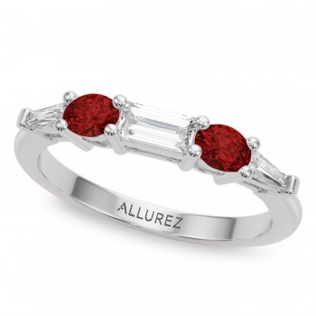 Baguette Lab Grown Diamond & Oval Garnet Wedding Ring Band 14K White Gold (0.79ct)