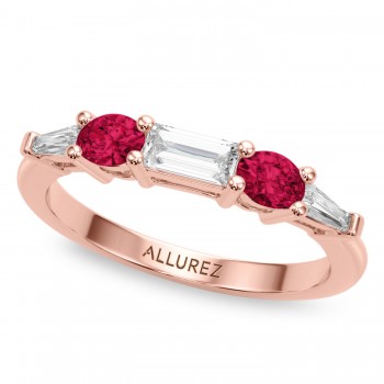 Baguette Lab Grown Diamond & Oval Ruby Wedding Ring Band 18K Rose Gold (0.85ct)