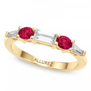 Baguette Lab Grown Diamond & Oval Ruby Wedding Ring Band 18K Yellow Gold (0.85ct)