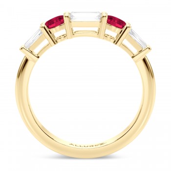 Baguette Lab Grown Diamond & Oval Ruby Wedding Ring Band 18K Yellow Gold (0.85ct)