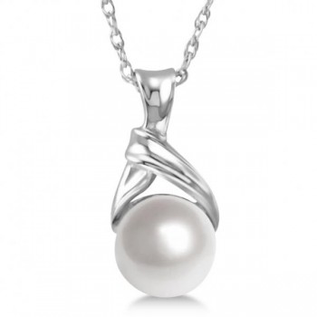 White Akoya Cultured Round Pearl Solitaire Pendant 14K White Gold 6mm