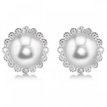 Freshwater Pearl & Diamond Halo Earrings Sterling Silver 8-8.5mm