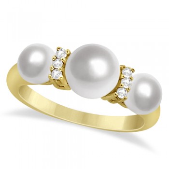 Three Stone Freshwater Pearl & Diamond Ring 14K Yellow Gold 7-7.5m