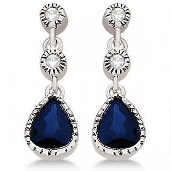 Vintage Drop Diamond and Blue Sapphire Earrings 14k White Gold (0.89ct)