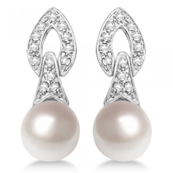 Cultured Freshwater Pearl & Diamond Drop Earrings 14K White Gold (7mm)