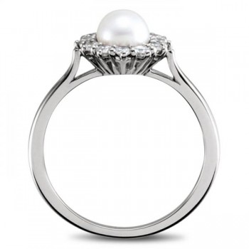 Freshwater Pearl & Diamond Halo Ring 14k White Gold 5.50-6mm 0.33ct