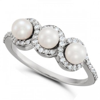 Freshwater 3 Pearl Ring with Diamond Halo 14k White Gold 4.5mm 0.25ct