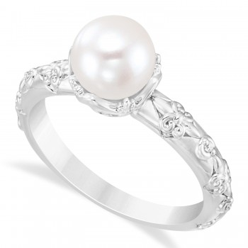 Vintage-Inspired Freshwater Pearl & Diamond Ring 14k White Gold (7.0-7.5mm)