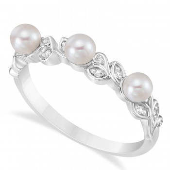 Pearl & Diamond Leaf Pattern Stackable Ring 14k White Gold (3.50 mm)