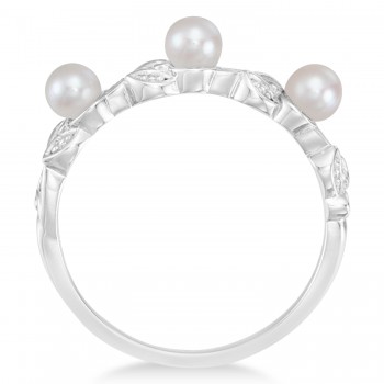 Pearl & Diamond Leaf Pattern Stackable Ring 14k White Gold (3.50 mm)