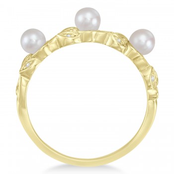 Pearl & Diamond Leaf Pattern Stackable Ring 14k Yellow Gold (3.50 mm)