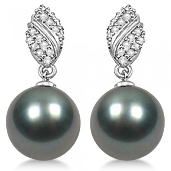 Tahitian Cultured Pearl & Diamond Drop Earrings 14K White Gold 12mm