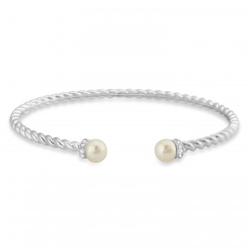 Diamond & Pearl Freshwater Cuff Bracelet 14k White Gold (0.1ct)