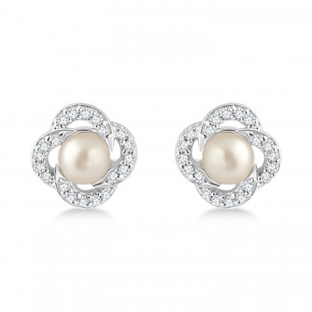 Diamond Accent Halo Cultured Freshwater Pearl Earrings 14k White Gold (0.15ct)
