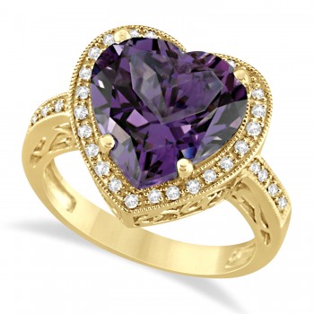 Heart Shaped Amethyst & Diamond Ring Halo 14K Yellow Gold 5.41ct