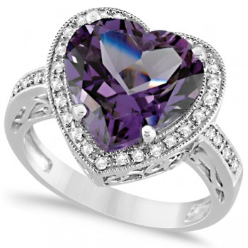 Heart Shaped Amethyst & Diamond Ring Halo 14K White Gold 5.41ct