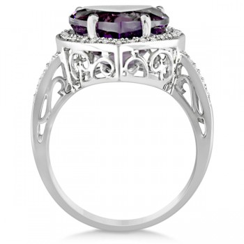 Heart Shaped Amethyst & Diamond Ring Halo 14K White Gold 5.41ct