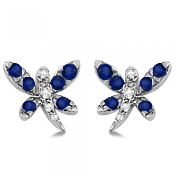 Blue Sapphire & Diamond Dragonfly Earrings 14K White Gold (0.54ctw)