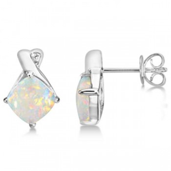 Diamond & Cushion Opal Drop Earrings 14k White Gold (2.70ct)