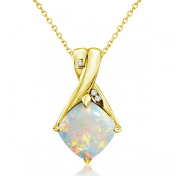 Diamond and Cushion Opal Pendant Necklace 14k Yellow Gold (1.36ct)