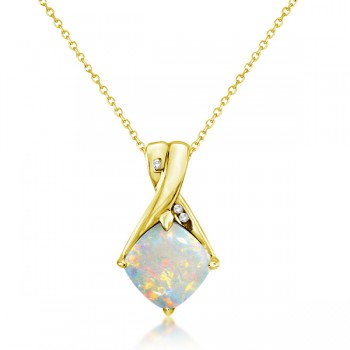 Diamond and Cushion Opal Pendant Necklace 14k Yellow Gold (1.36ct)