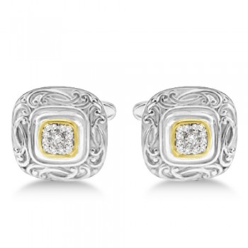 Vintage Engraved Diamond Cuff Links 14k Gold & Sterling Silver (0.25ct)