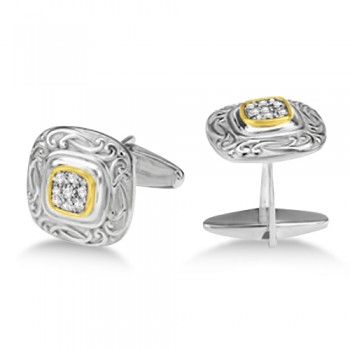 Vintage Engraved Diamond Cuff Links 14k Gold & Sterling Silver (0.25ct)