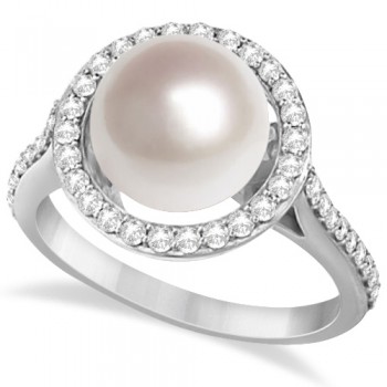 Freshwater Cultured Pearl & Diamond Halo Ring 14K W. Gold (9.50-10mm)